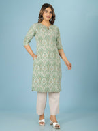 Aramya Green Linen Cotton Ikat Straight Kurta for Women | Grocsy