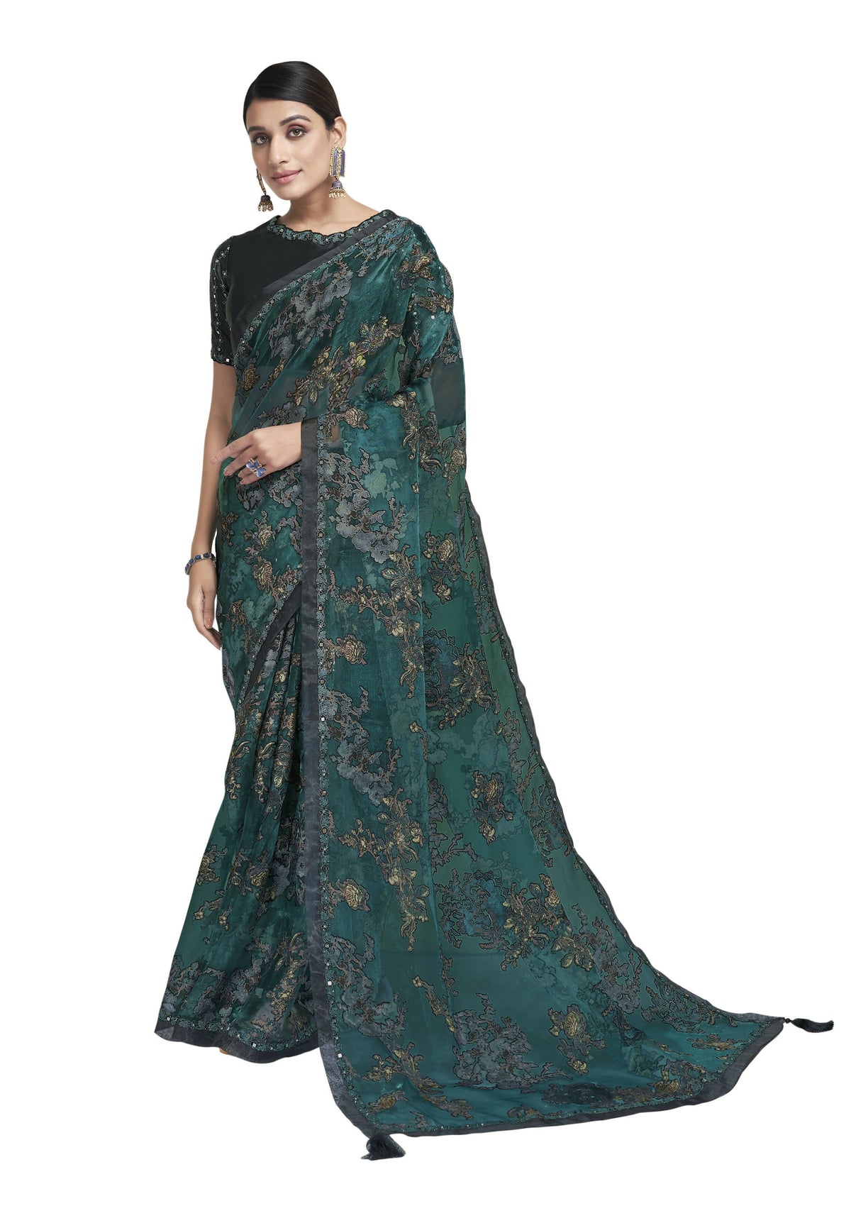 Sea Green Organic Burn Floral With Mirror Work On Border Saree With Blouse Piece - Norita Avyaan | Grocsy