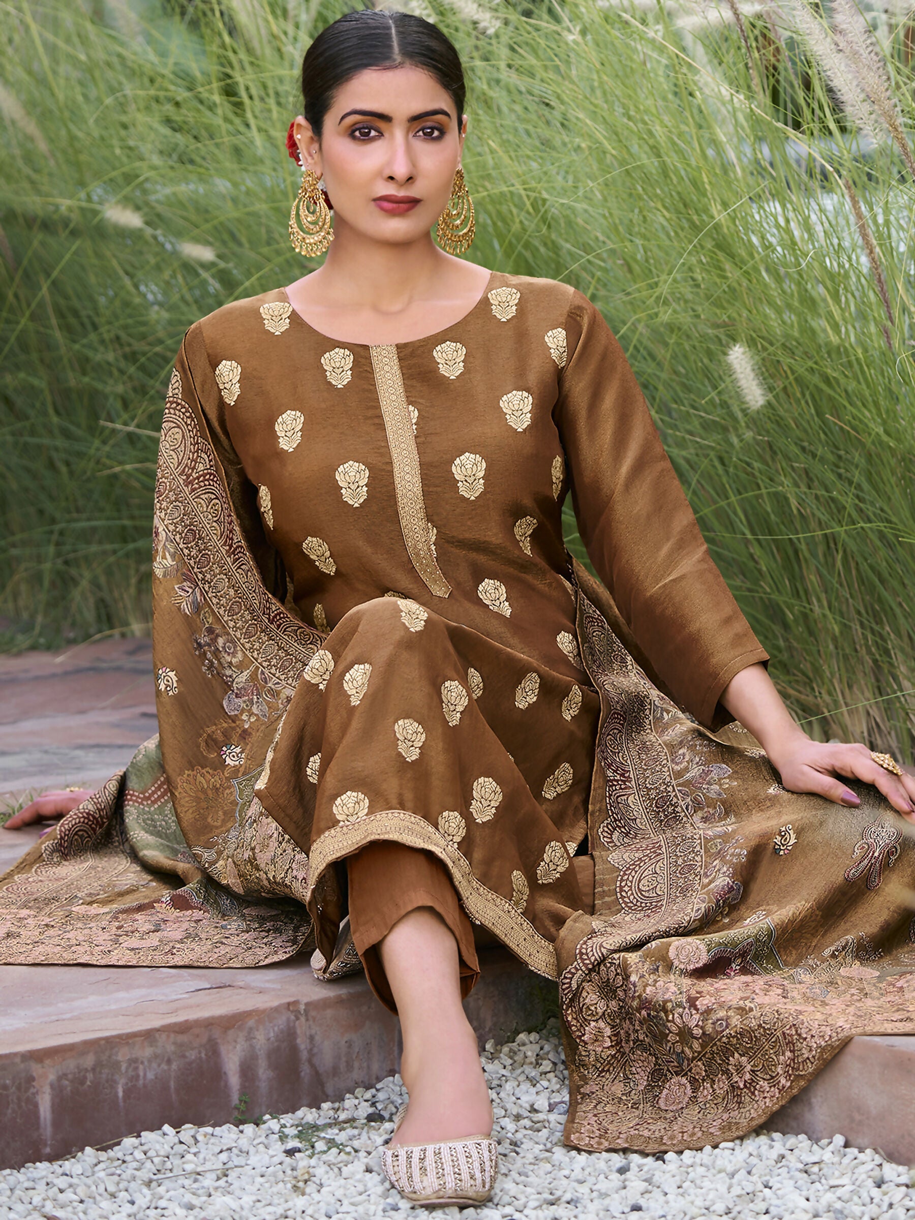Jyoti Fashion Women's Brown Pure Silk Elegant Jacquard Woven Kurta with Trouser & Dupatta | Grocsy