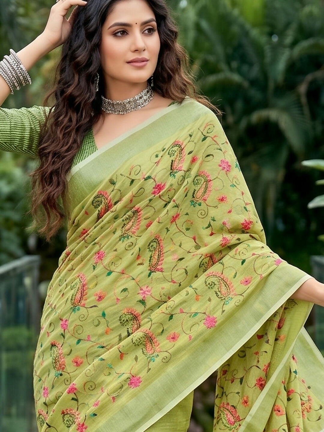 Shree Shyam Fashion Yellow Green Linen Saree | Grocsy