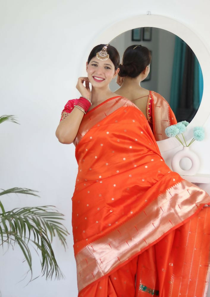 Orange Woven Jacquard Designer Embroidery Work Party Wear Saree - Parampara | Grocsy