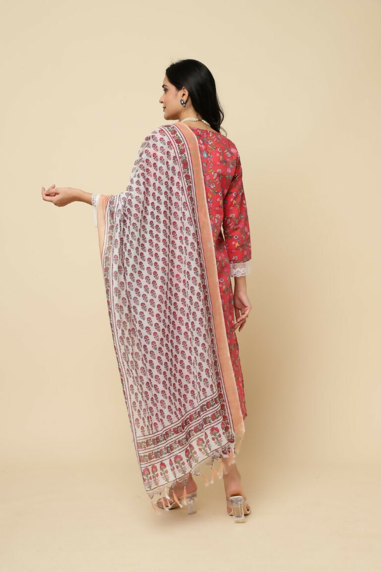Designer Stylish Red Cotton Blend Stitched Suit With Dupatta - Tanisha | Grocsy