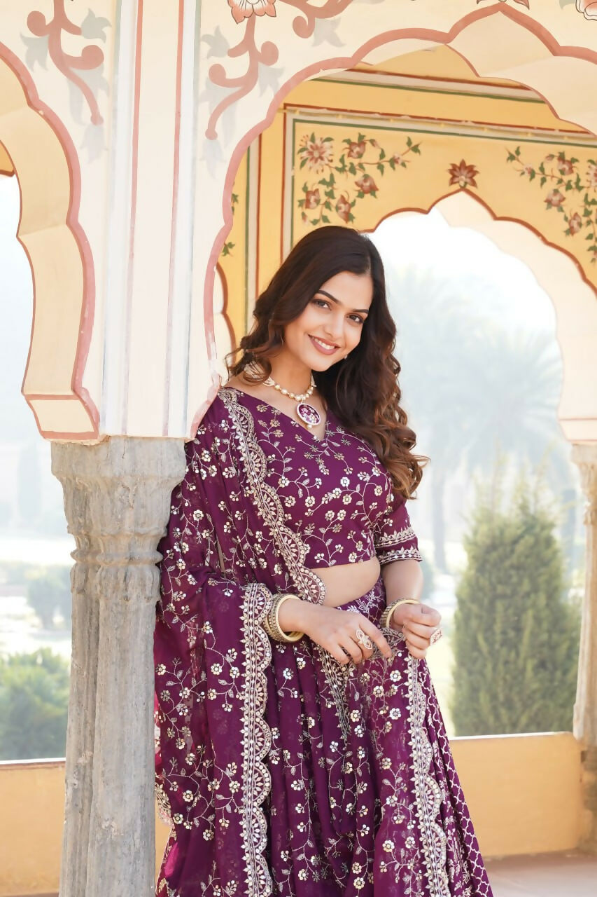 Lorenvalley Purple Pure Viscose Jacquard With Embroidered Sequins work Lehenga Choli | Grocsy