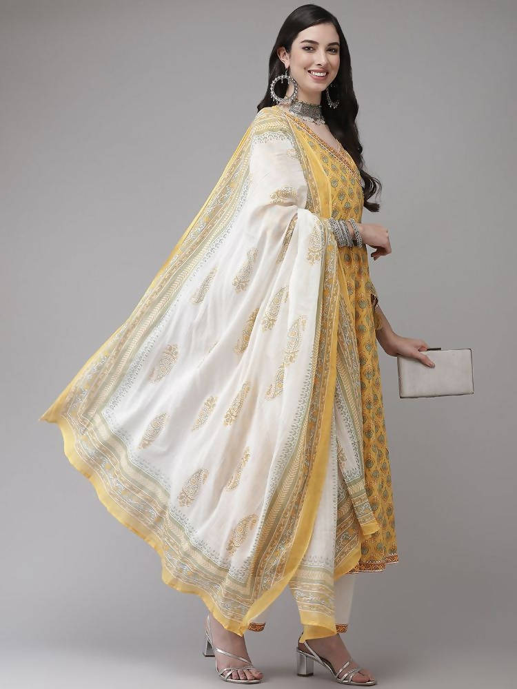 Yufta Women Yellow Floral Print Angrakha Pure Cotton Kurta and Trouser With Dupatta | Grocsy