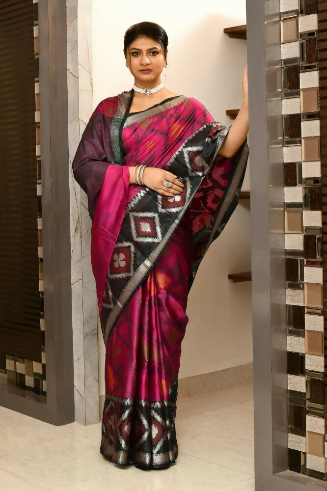Joban Fashion Black & Pink Saree Kataan Ikkat | Grocsy