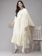 Yufta Women Cream-Embroidered Pure Cotton A-line Kurta with Trouser and Dupatta | Grocsy