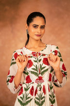 Joban Fashion Red Rose Floral Hand Block Printed Cotton Kurta Pant Set | Grocsy