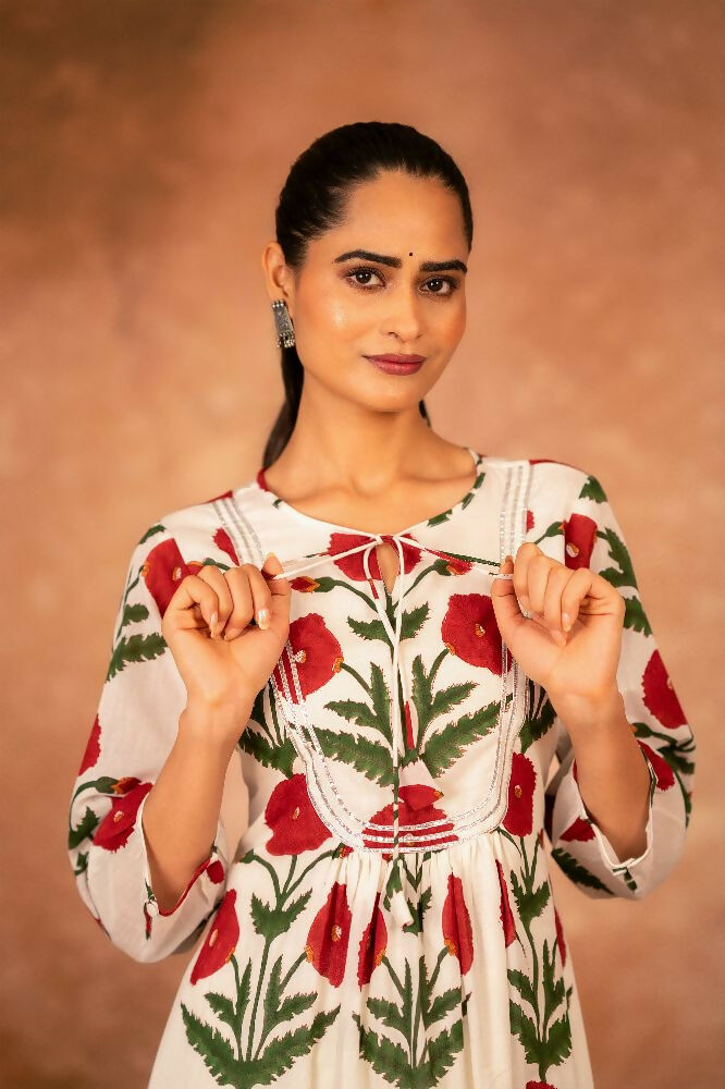 Joban Fashion Red Rose Floral Hand Block Printed Cotton Kurta Pant Set | Grocsy