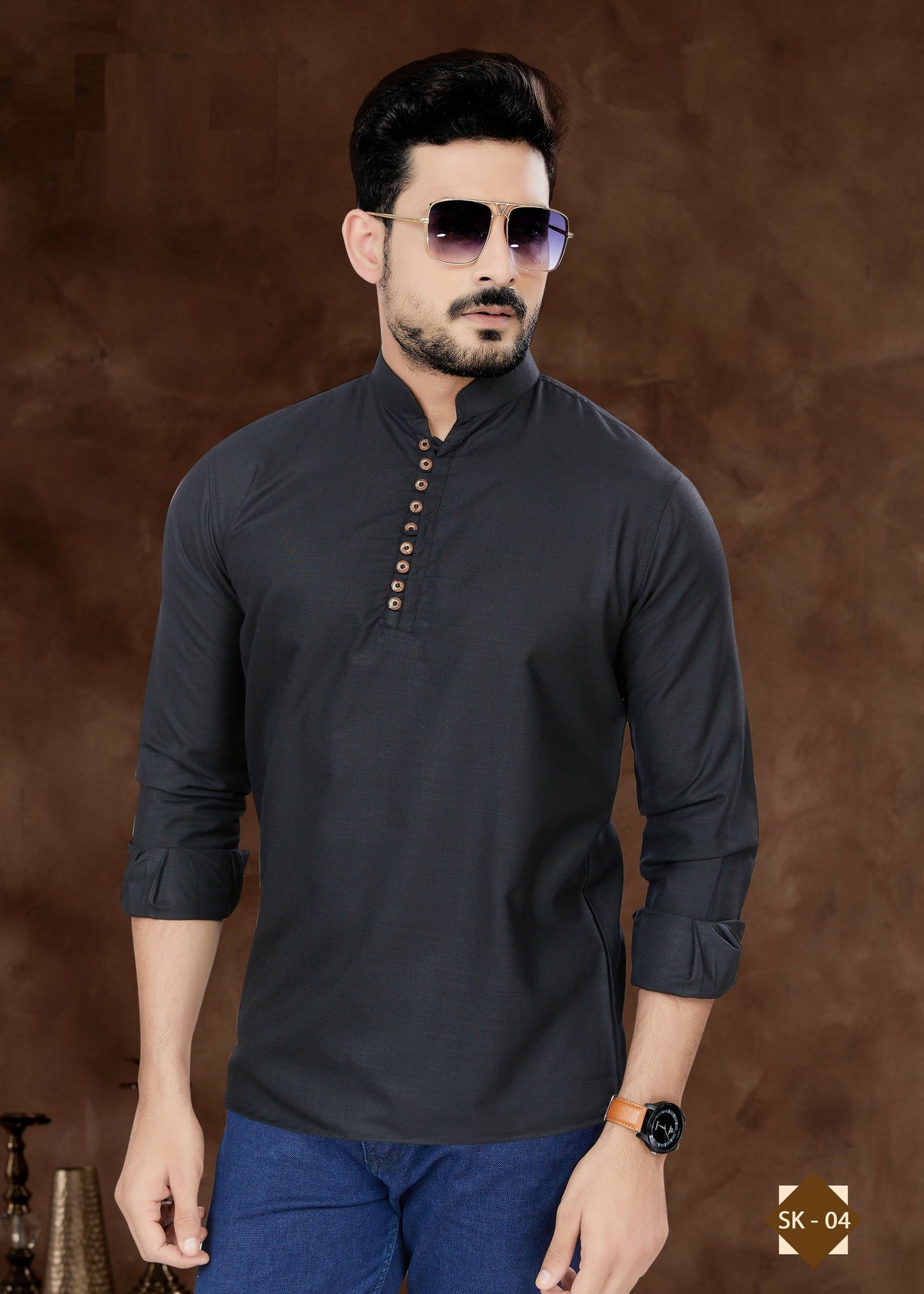 Joban Fashion Men's Pure Cotton Black Plain Short Kurta | Grocsy