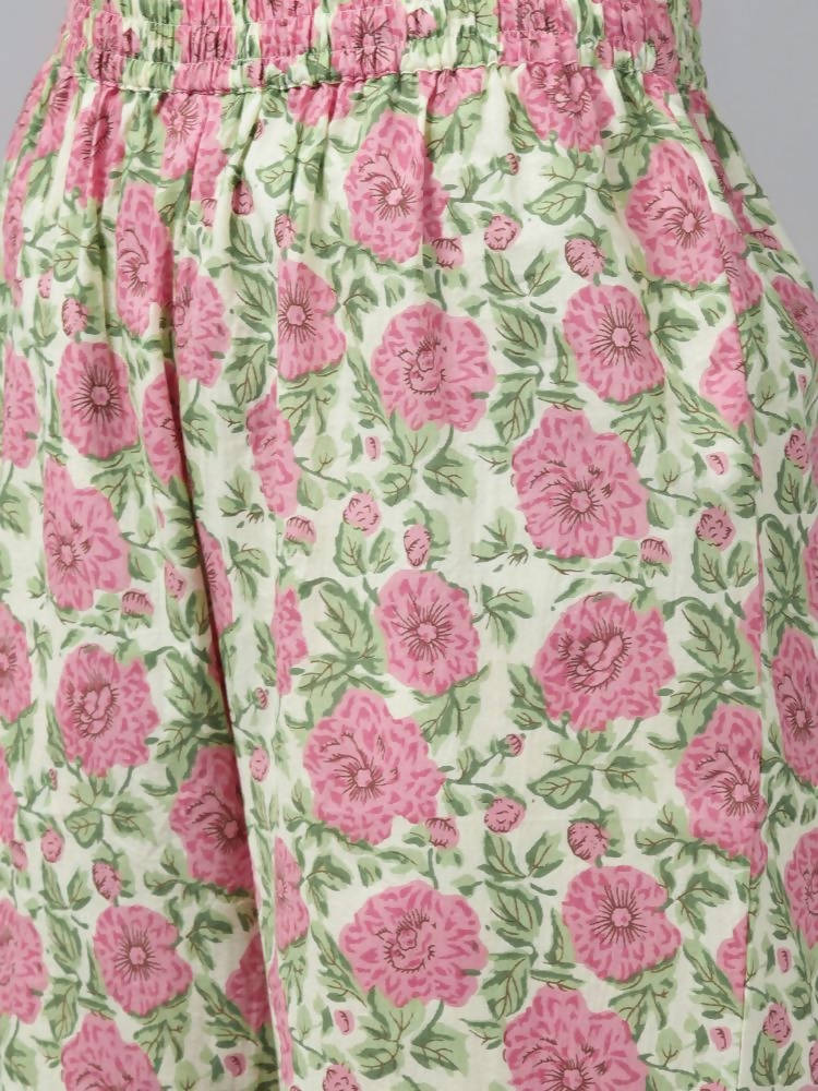 Yufta Women Pink Floral Print Aari Work Pure Cotton Kurta with Palazzo and Dupatta | Grocsy