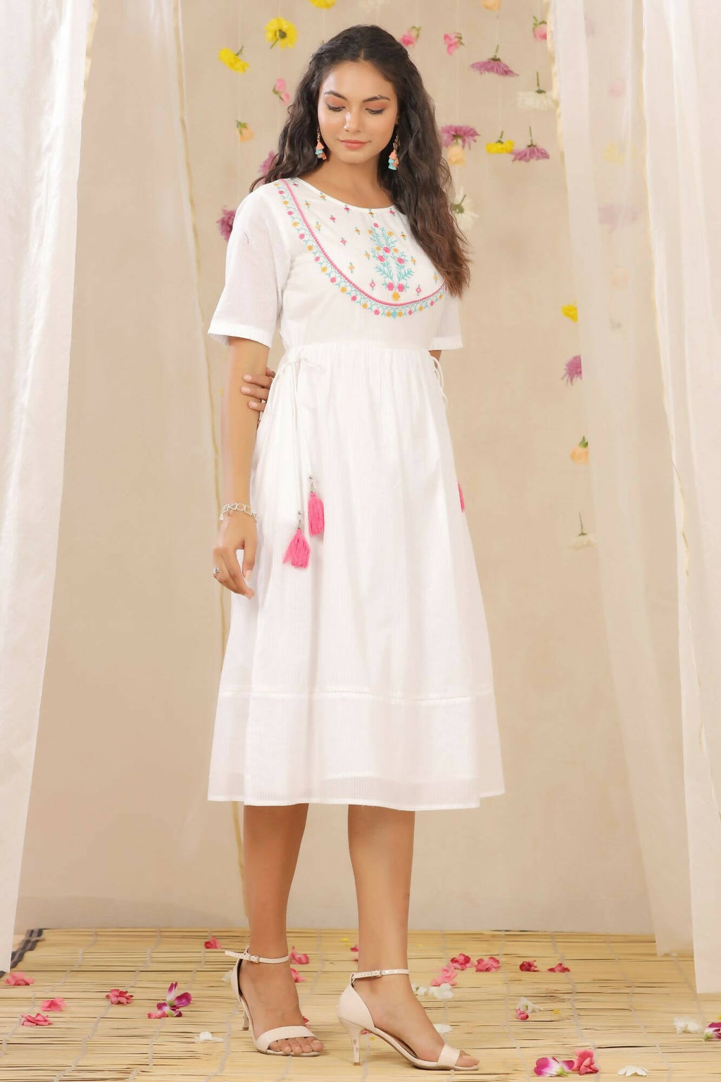 Juniper Women White Cotton Dobby Embroidered A-Line Dress | Grocsy