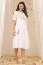 Juniper Women White Cotton Dobby Embroidered A-Line Dress | Grocsy