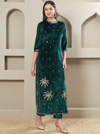 Joban Fashion Women Green Velvet Hand Embellishment Stitched Kurta Set | Grocsy