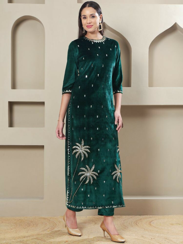 Joban Fashion Women Green Velvet Hand Embellishment Stitched Kurta Set | Grocsy
