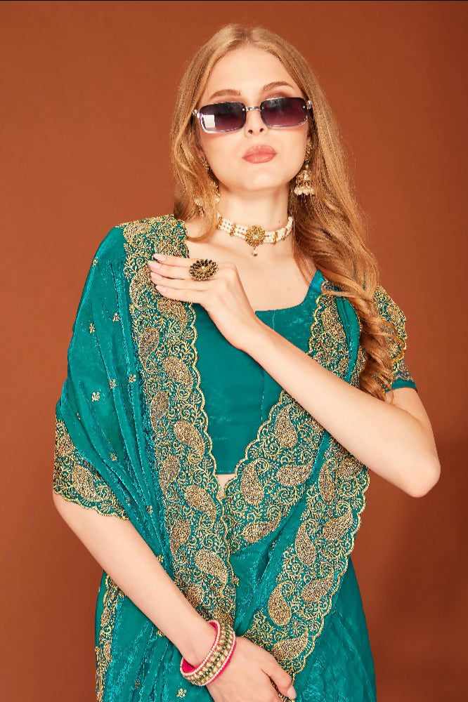PR Fashion Morpeach Fendi Two Tone Silk Heavy Zari Embroidery Work With Heavy Siroski Work Saree | Grocsy