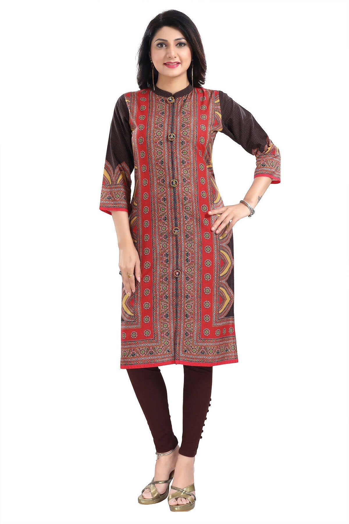 Snehal Creations Bombastic Brown Designer Digital Print Cotton Slub Fabric Long Kurti Tunic | Grocsy