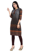 Snehal Creations Beautiful Brown Designer Print Cotton Slub Long Kurti Tunic | Grocsy