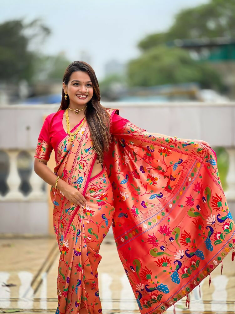 PR Fashion Pink Oft Kanjivaram Paithani Silk With Zari Weaving Meenakari Design Saree | Grocsy