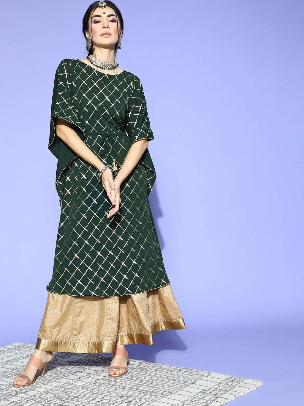 Janasya Women Green Checked New Age Kaftan Kurta | Grocsy
