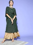 Janasya Women Green Checked New Age Kaftan Kurta | Grocsy