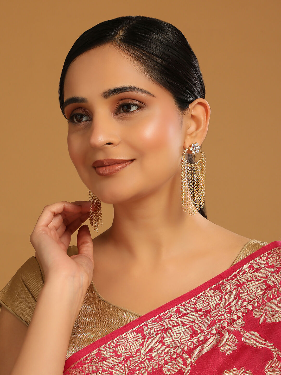 Nuyug 22K Gold Plated Crystal Studded Floral Stud Contemporary Dangler Earrings | Grocsy
