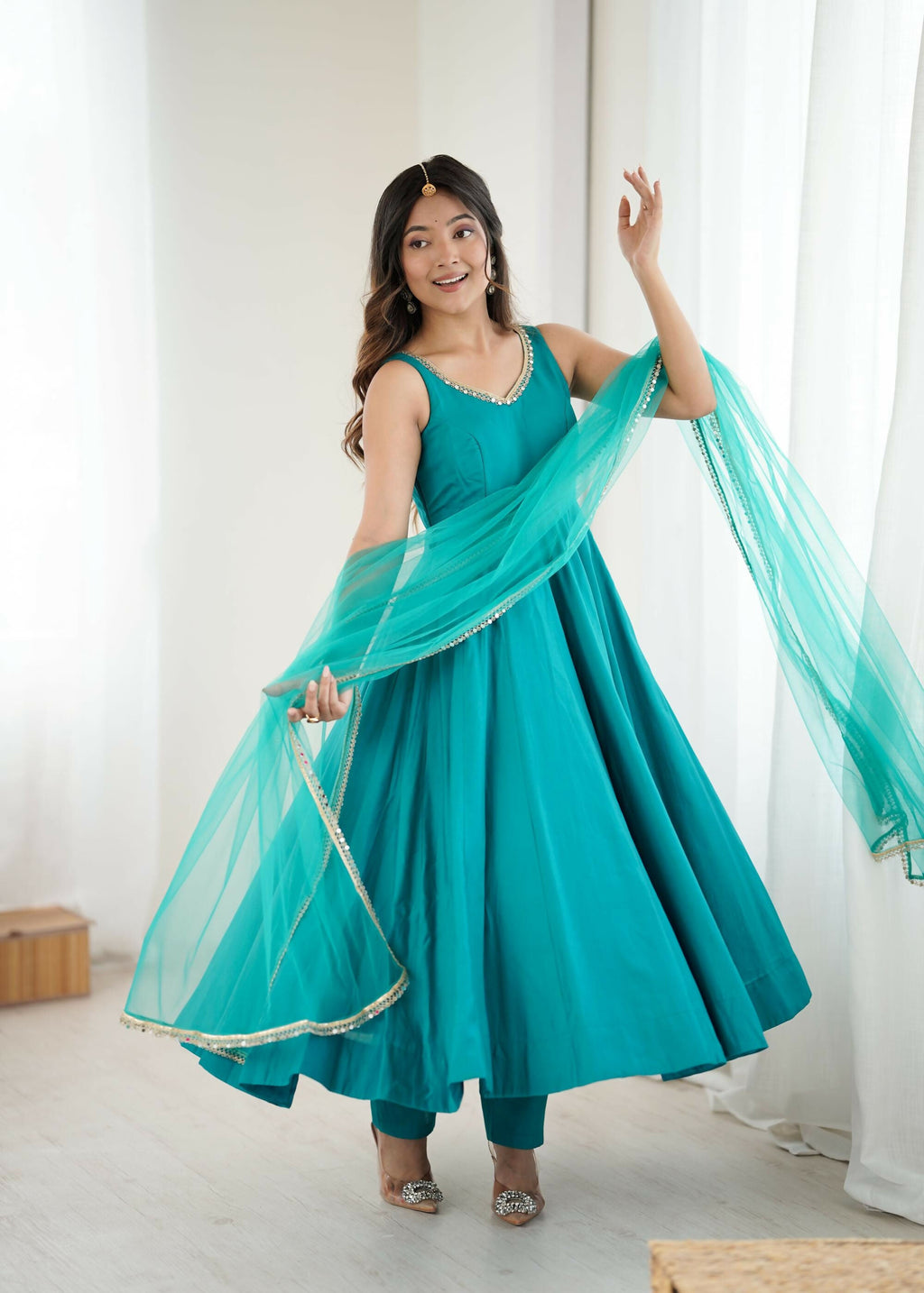 The52 Women's Beautiful Roman Silk Chanderi Fabric Flared Anarkali Pant and Dupatta Set | Grocsy