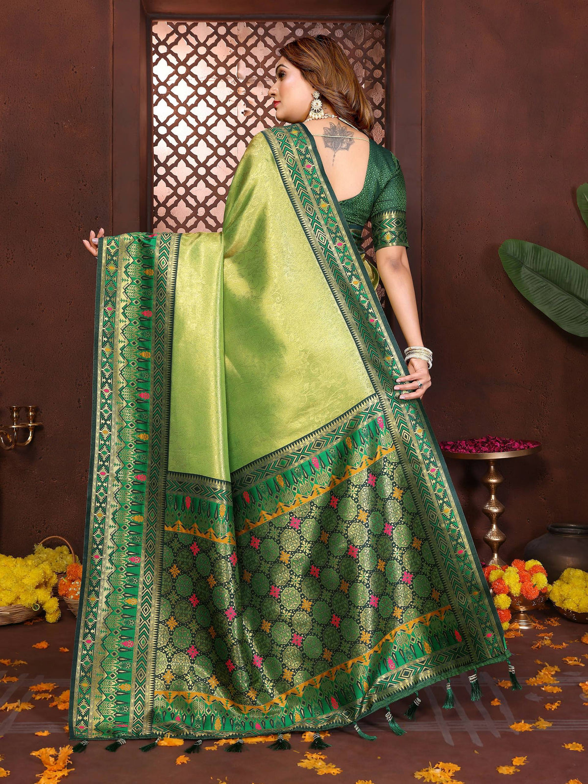 Aastha Fashion Pista Tissue Silk Weaving Saree | Grocsy