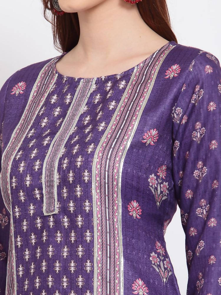 Myshka Women's Purple Printed Pashmeena Full Sleeve Round Neck Casual Kurta | Grocsy