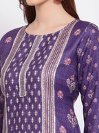 Myshka Women's Purple Printed Pashmeena Full Sleeve Round Neck Casual Kurta | Grocsy