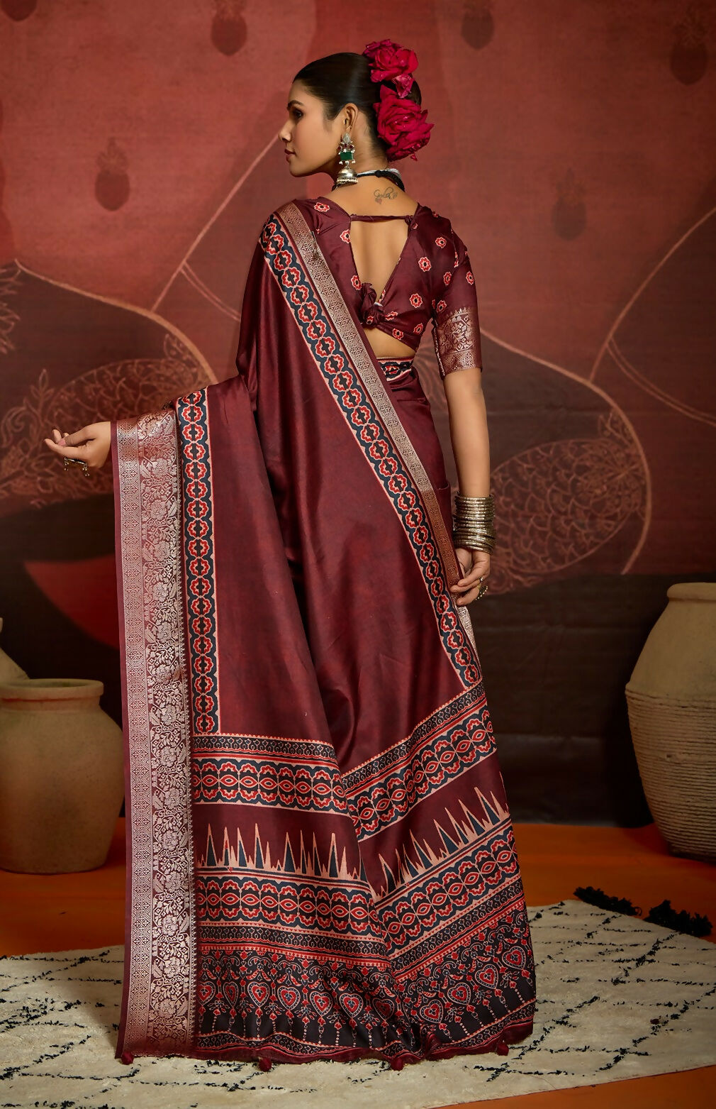 Joban Fashion Maroon Art Silk With Fine Viscose Border Ajrak Full Body Print With Soft Finish Saree | Grocsy