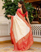 Joban Fashion Off White Silk Woven Banarasi Saree | Grocsy