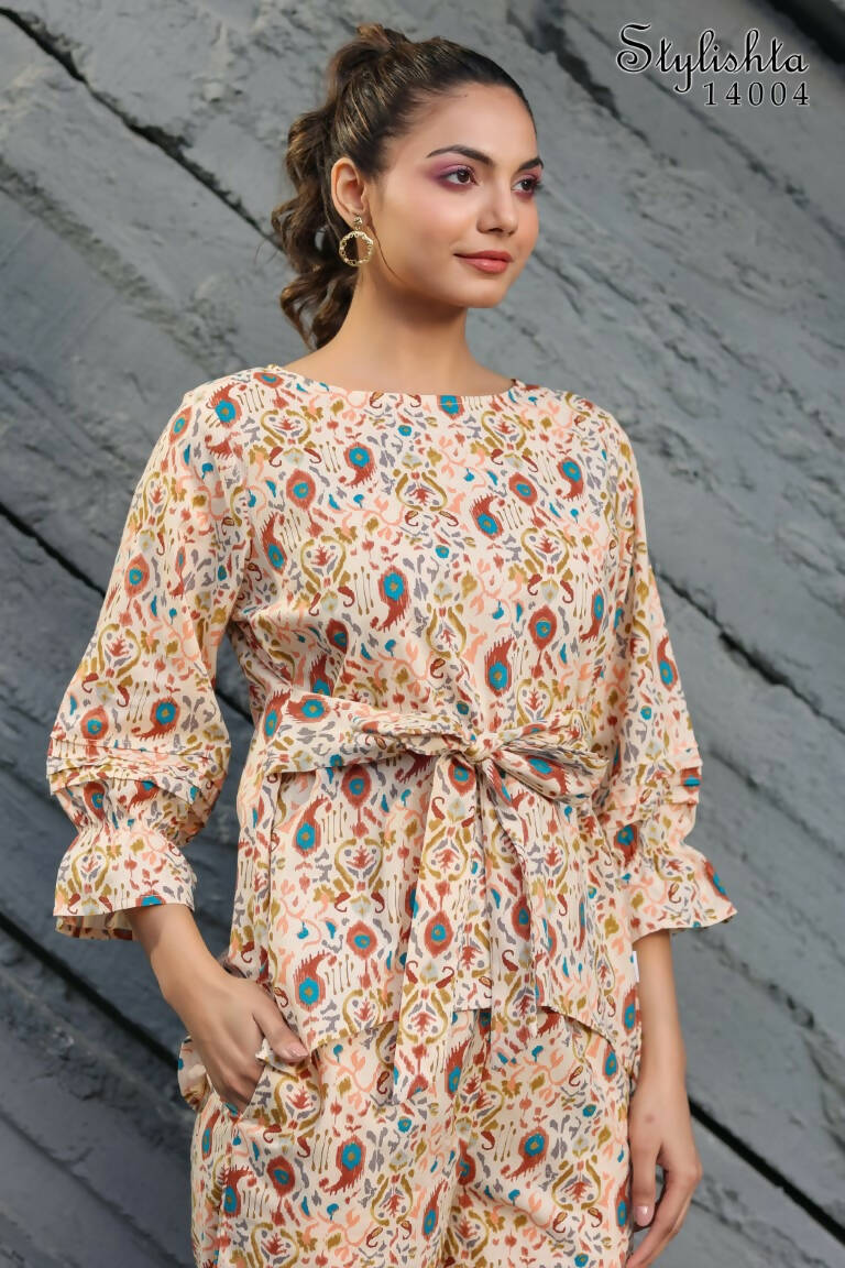 Women's Partywear Designer Cream & Multi Muslin co-ord set - Stylishta | Grocsy