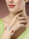 NVR Women's Red Gold-Polished Stone Studded Handcrafted Ring Bracelet | Grocsy