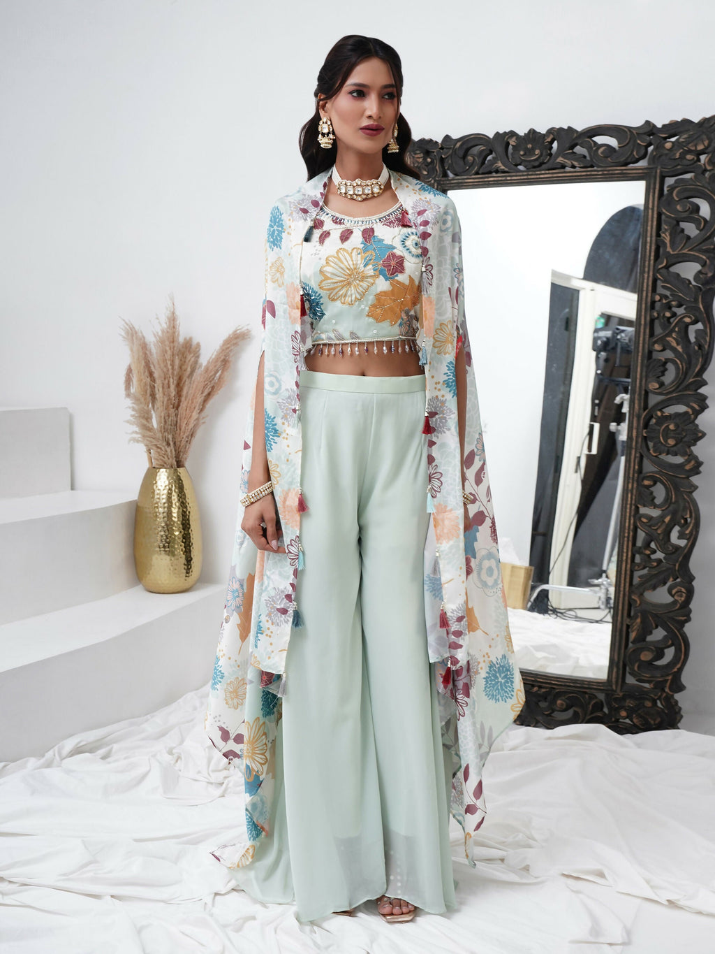 Sea Green Digital Chinon Handwork Top with Palazzo & Shrug - Naomika | Grocsy