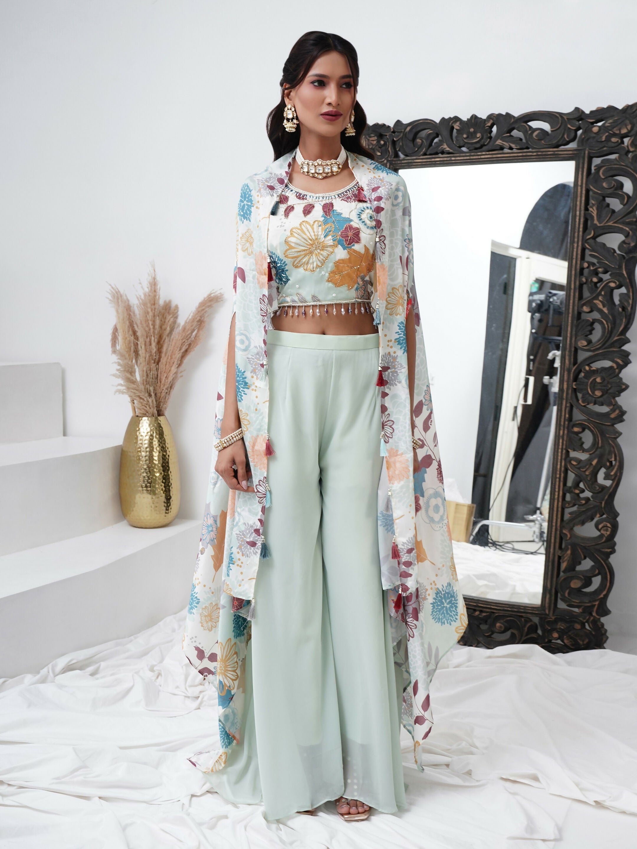 Sea Green Digital Chinon Handwork Top with Palazzo & Shrug - Naomika | Grocsy