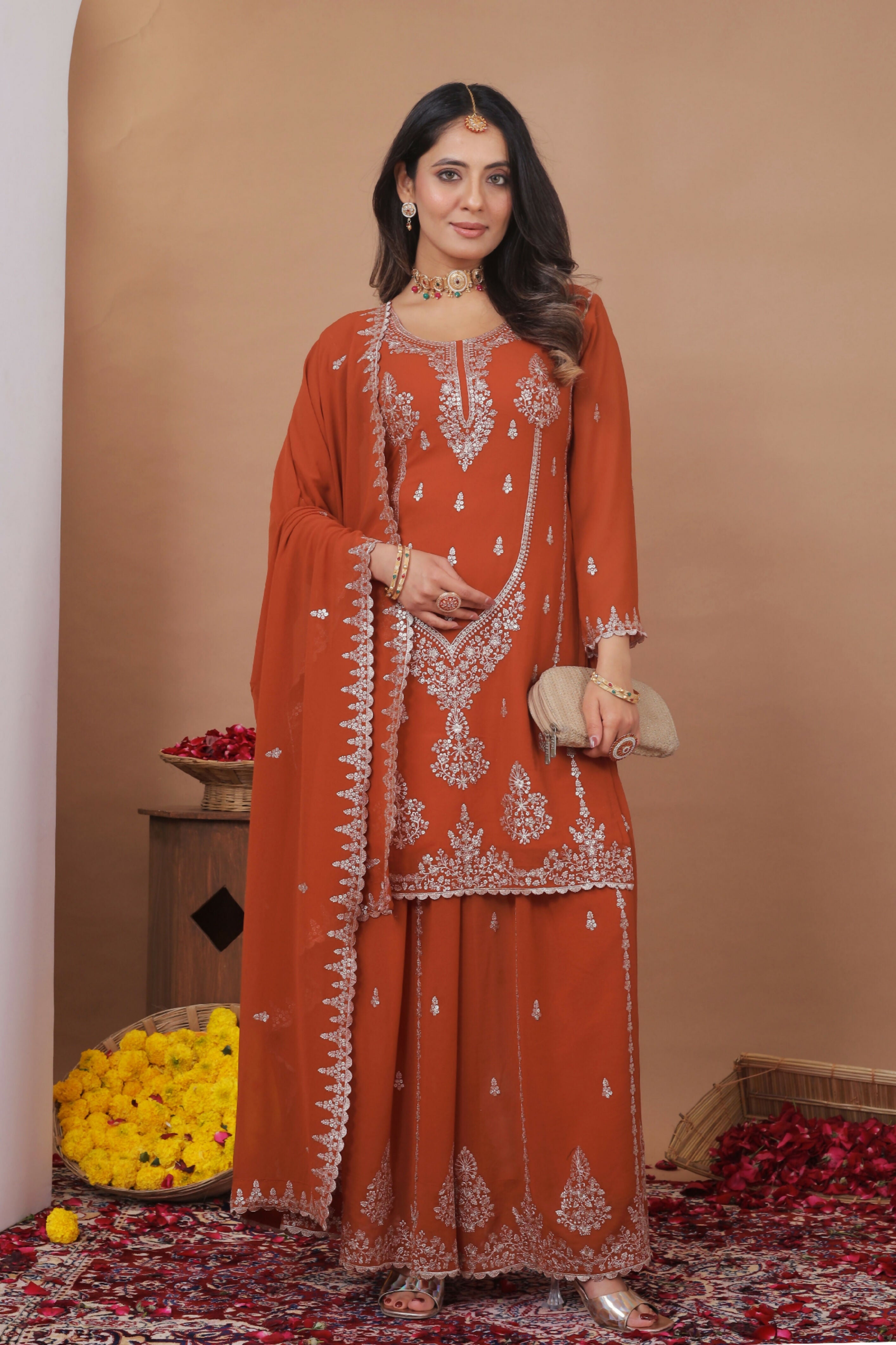 The52 Women's Gorgeous Embroidery Work Fox Georgette Fabric Straight Kurta Sharara and Dupatta Set | Grocsy