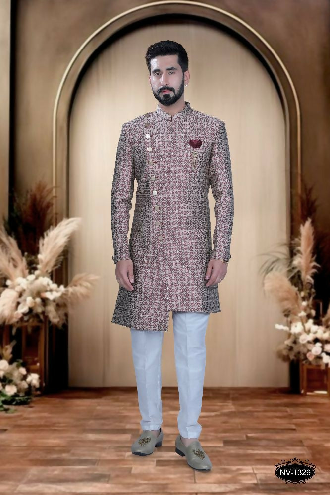 Joban Fashion Men's Red Base Brocade Kurta with Pyjama | Grocsy