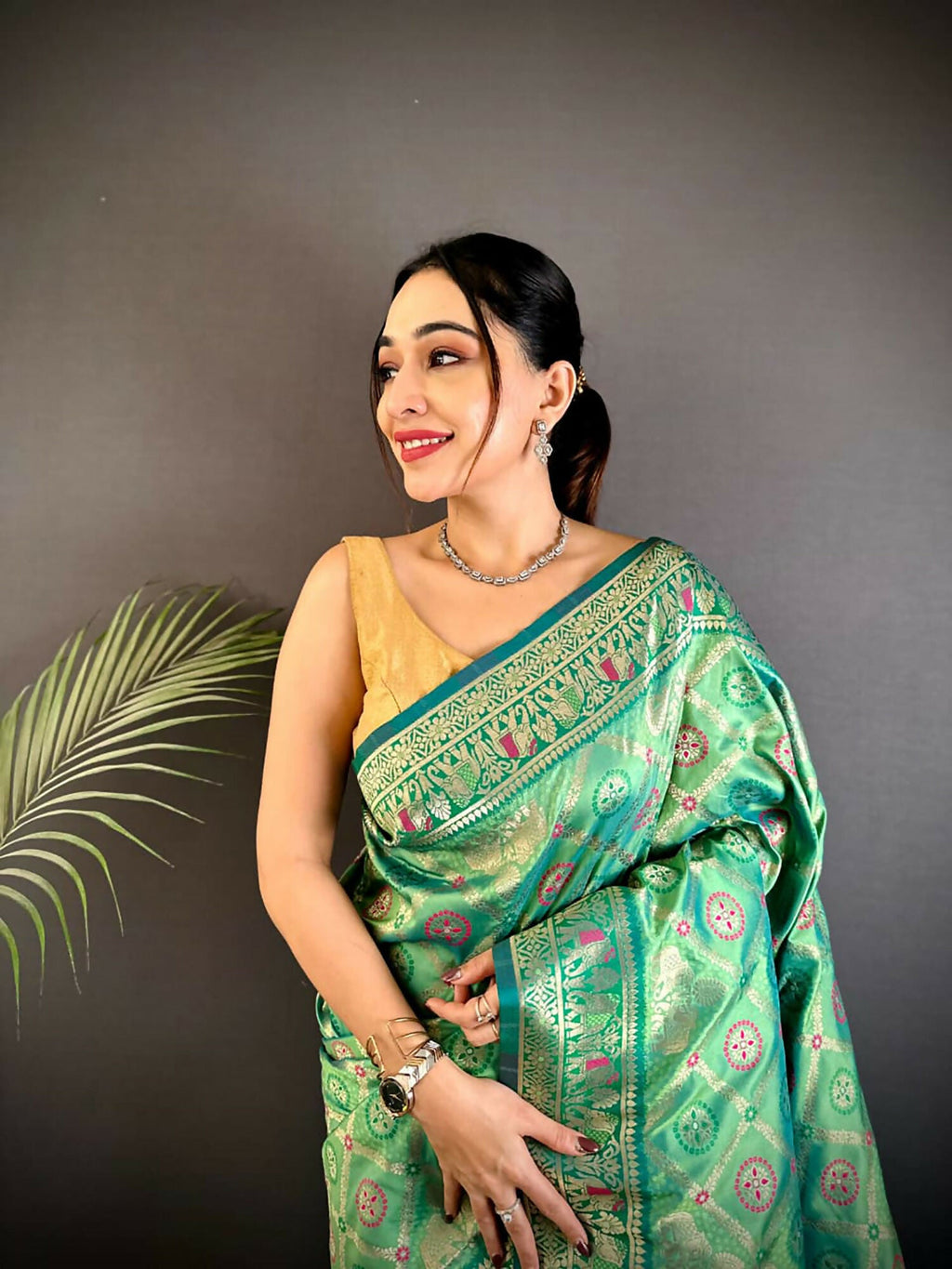 Joban Fashion Bottle Green Butti Motifs Soft Silk Patola Saree | Grocsy