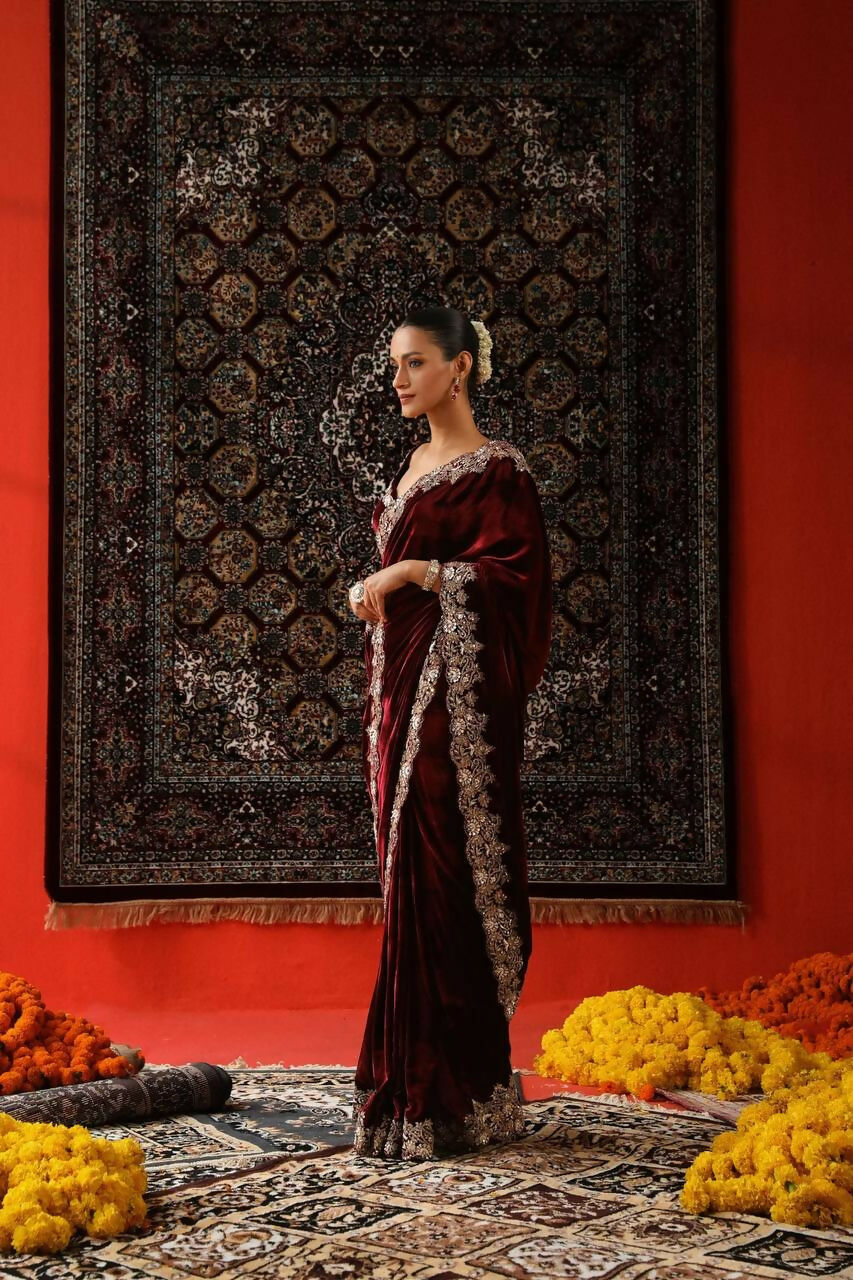 Vastranavya Designer Velvet Sequence & Zari Thread Embroidery work with border and Cutwork Saree - Wine | Grocsy