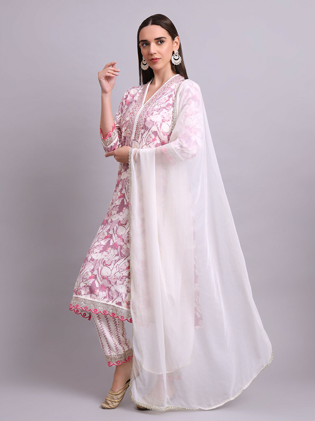 Joban Fashion Off White Cotton Floral Printed & Embroidery Work Kurta With Trousers & Dupatta Set | Grocsy