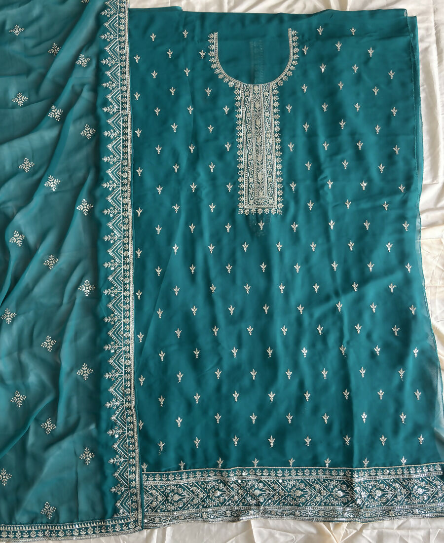 KC Aqua Blue Georgette Straight Suit With Heavy Embroidery | Grocsy
