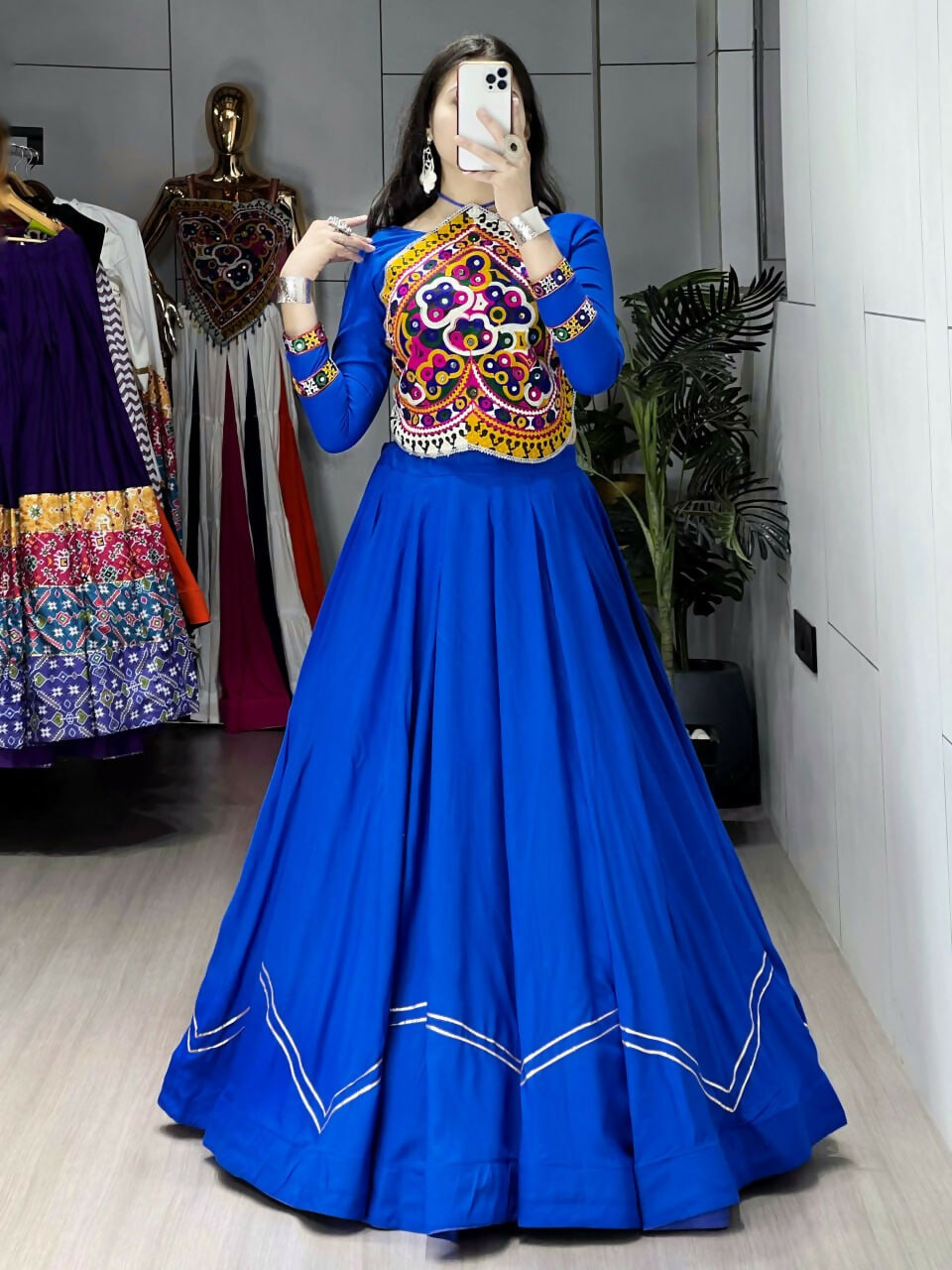 Yash Enterprise Blue Rayon Cotton Embroidery Semi Stitched Navratri Top Chaniya Choli | Grocsy