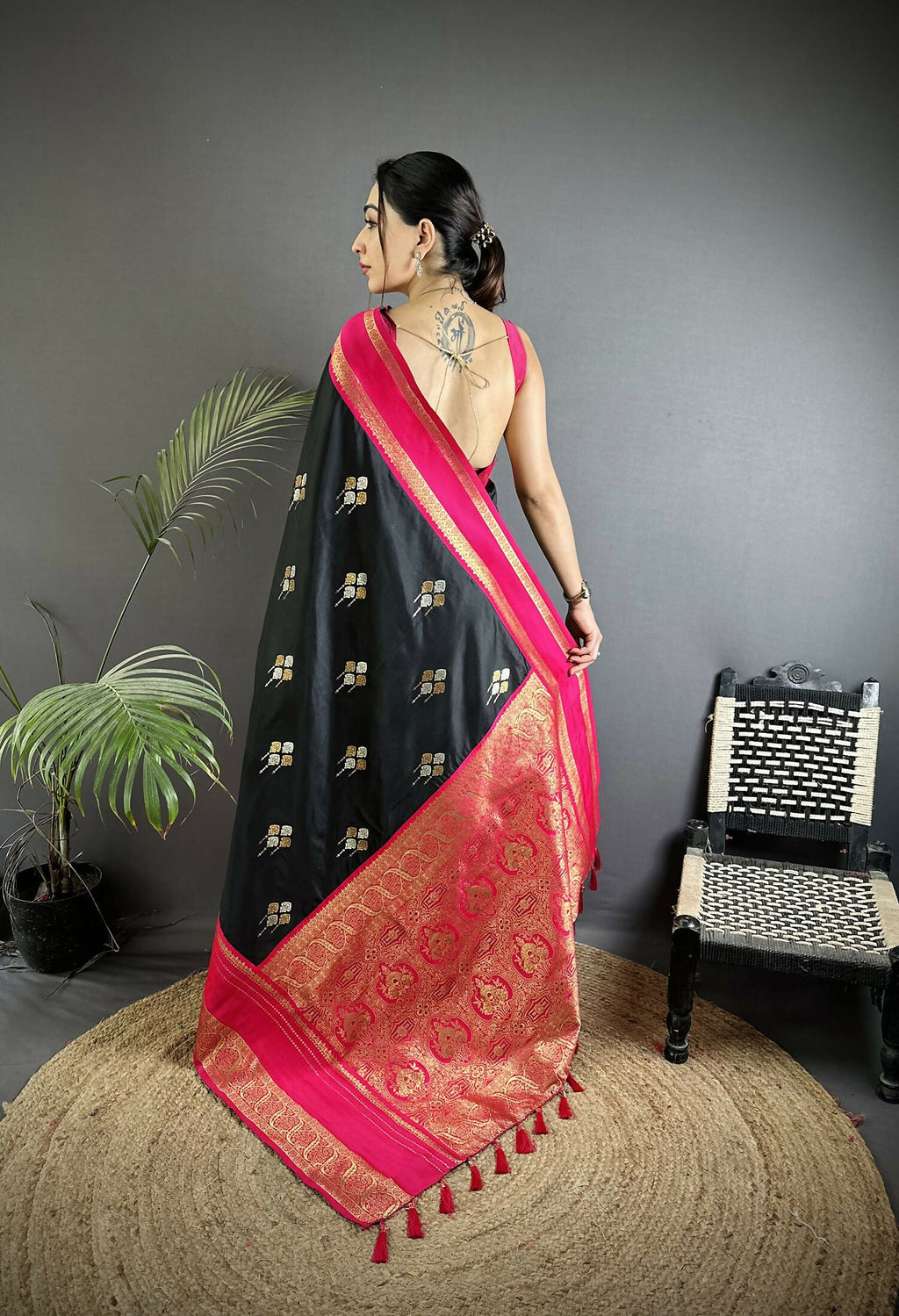 Joban Fashion Black Banarasi Soft Silk Woven Saree | Grocsy