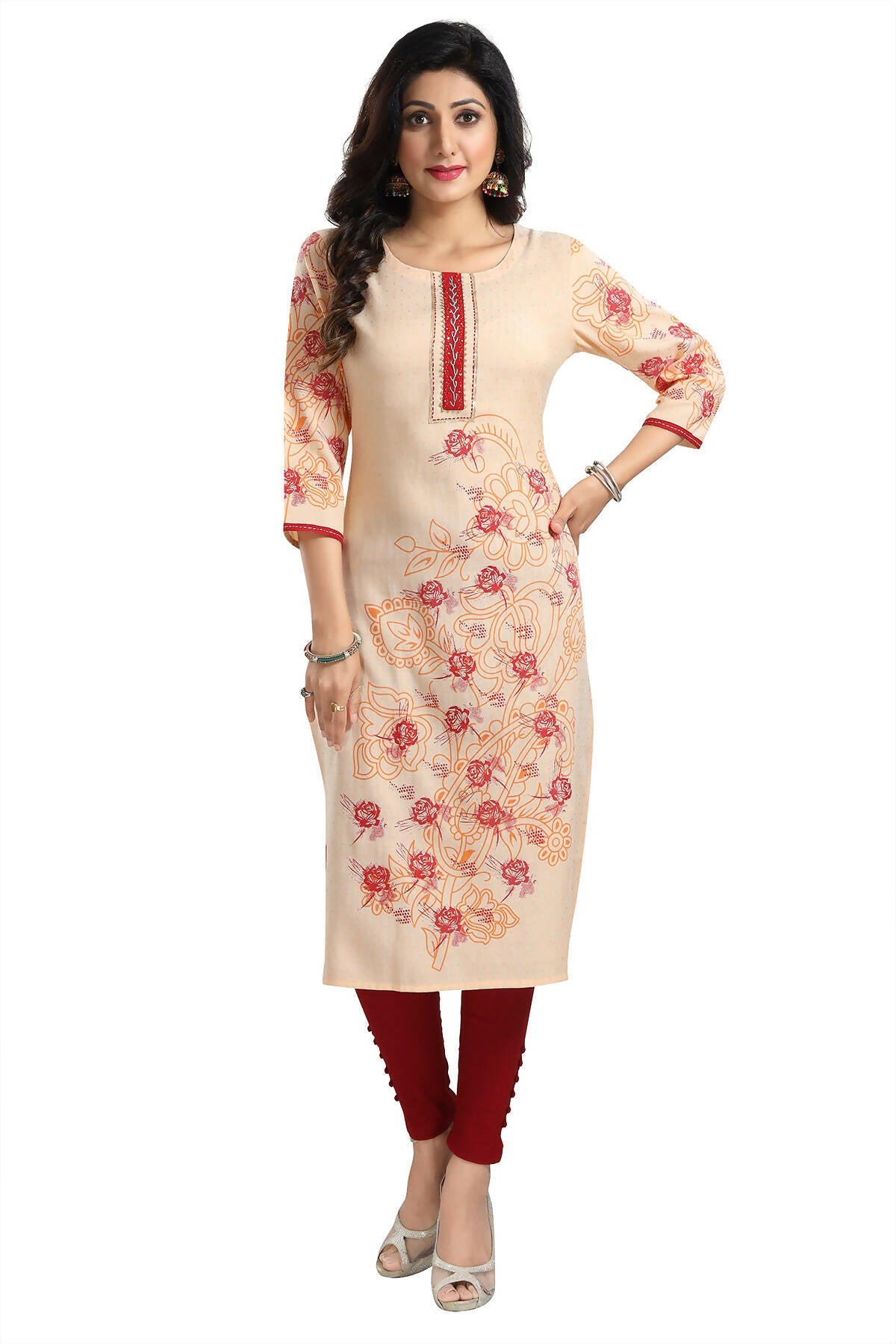 Snehal Creations Pleasing Peach Rayon Textured Print Long Kurta For Women | Grocsy