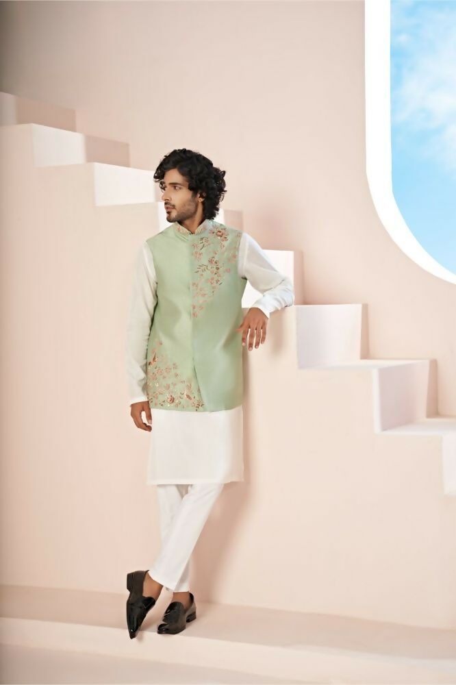 Olive Green Hand Embroidered Nehru Jacket by Hilo Design | Grocsy