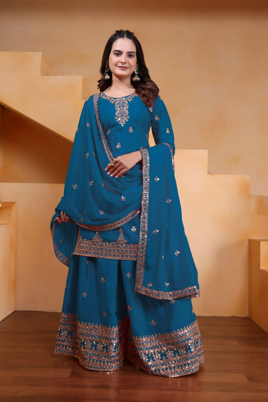 Teeya Creation Teal Color Chinon Silk Wedding Wear Trending Palazzo Set | Grocsy