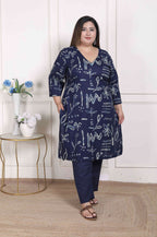 Miravan Women's Plus Size Abstract Printed Cotton Blue Kurta Set | Grocsy