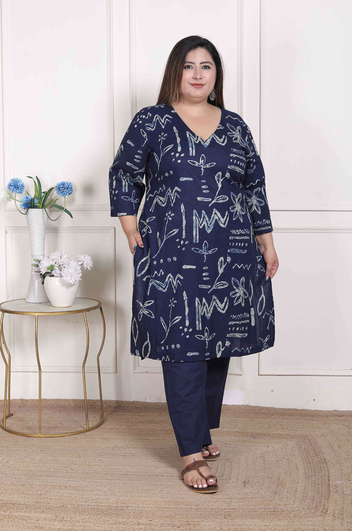 Miravan Women's Plus Size Abstract Printed Cotton Blue Kurta Set | Grocsy