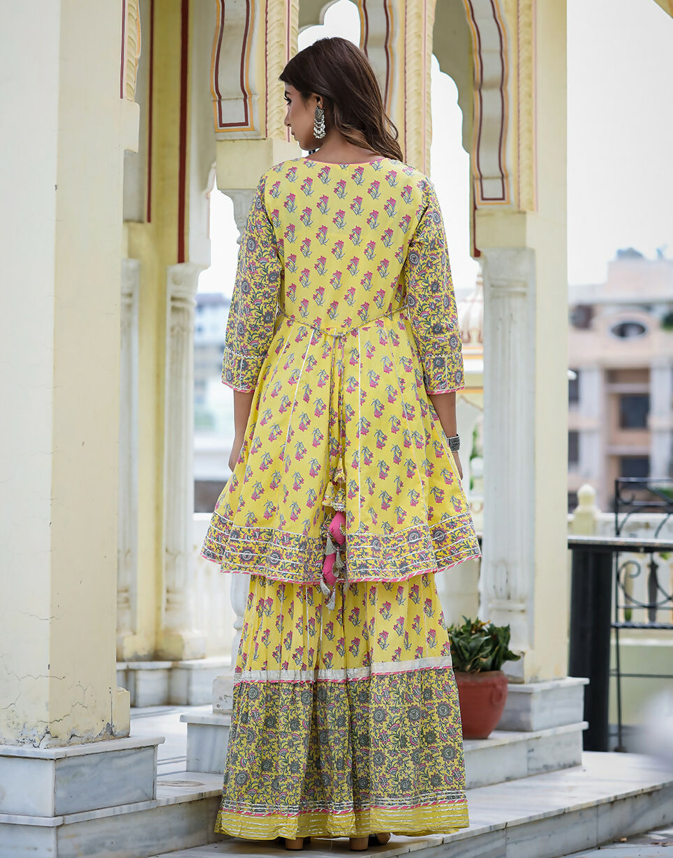 Kaajh Women's Yellow Floral Paplum Kurta Sharara Set With Dupatta | Grocsy