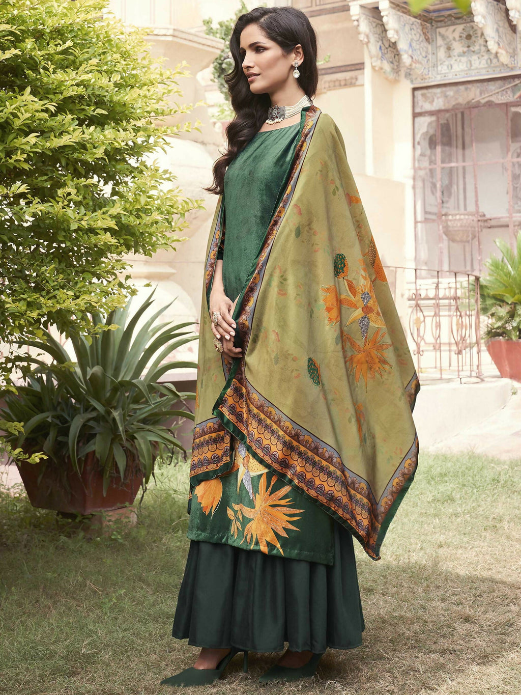 Jyoti Fashion Women's Green Velvet Floral Digital Printed Kurta with Trouser & Dupatta | Grocsy